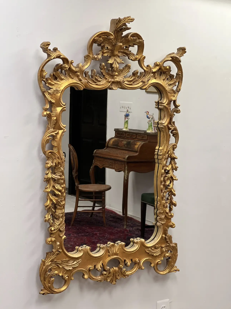 Mid-Century Italian Rococo Hand-carved Gilt-wood Looking Glass